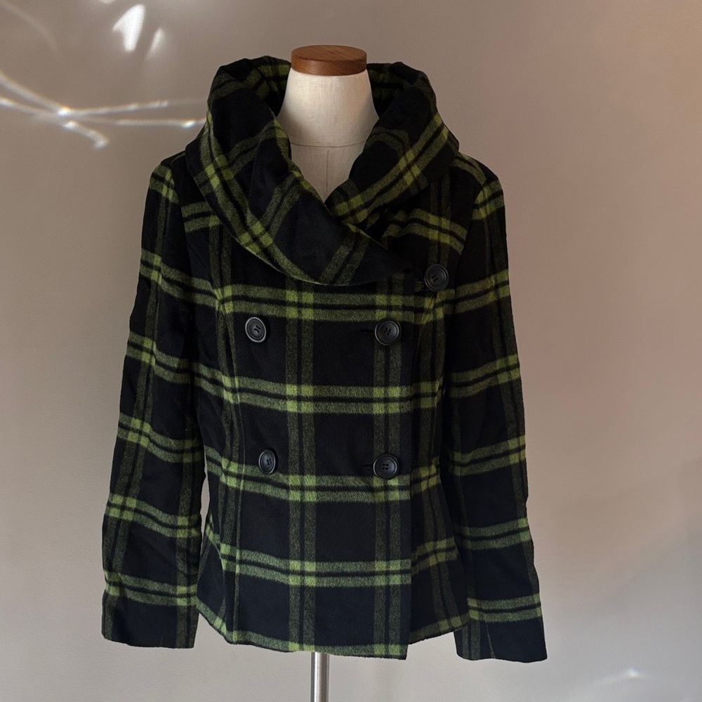 Tribal Black Green double breasted Plaid Pea wool Coat high collar pockets 12